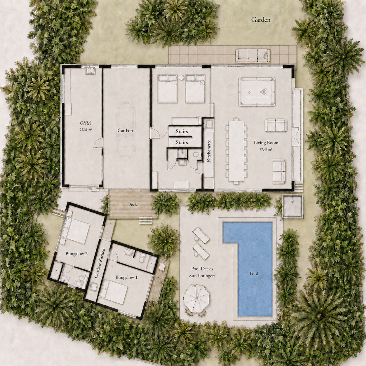 แปลนชั้นล่างแสดงบ้านหลัก ที่จอดรถ ห้องออกกำลังกาย บ้านพักแขก สระว่ายน้ำ และสวน